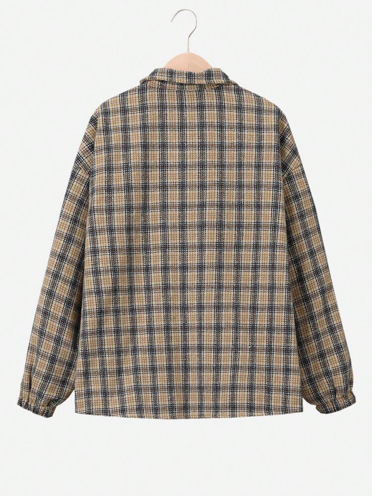 Tween Boys' Casual Checkered Collar Thick Cardigan Jacket With Zipper, Woven Fabric