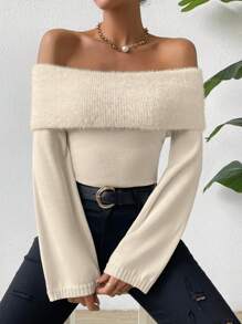 SHEIN Privé 露肩純色毛衣 - 杏色 - 查看 3