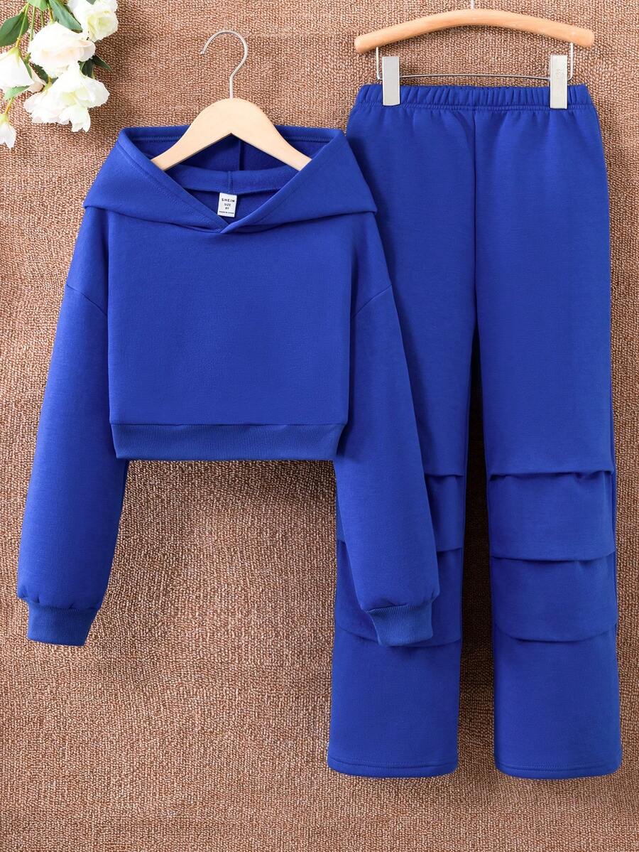 SHEIN Cô gái Tween Màu thuần áo có mũ Giải trí 2 cái/bộ - Xanh đậm - Xem 1