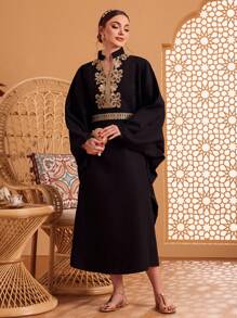 Al Najma Embroidered Patchwork Notched-Neck Batwing Sleeve Dress Kaftan Jalabiya Dress - Black - View 5