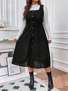 Franclia Plus Size Solid Corduroy Dress With Front Buttons