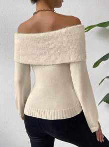 SHEIN Privé 露肩純色毛衣 - 杏色 - 查看 2