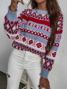 SHEIN LUNE 休閒幾何圖案印花圓領套頭毛衣 - 彩色 - 查看 1