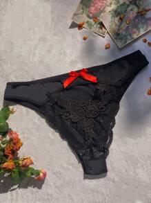 大尺碼蕾絲拼接蝴蝶結裝飾內褲 - 黑色 - 查看 1
