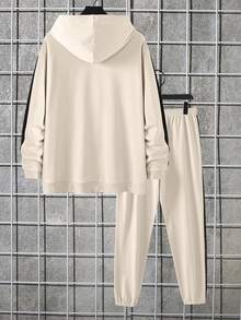 Manfinity Hypemode Men Plus Letter Graphic Kangaroo Pocket Drawstring Hoodie & Sweatpants - Apricot - View 2