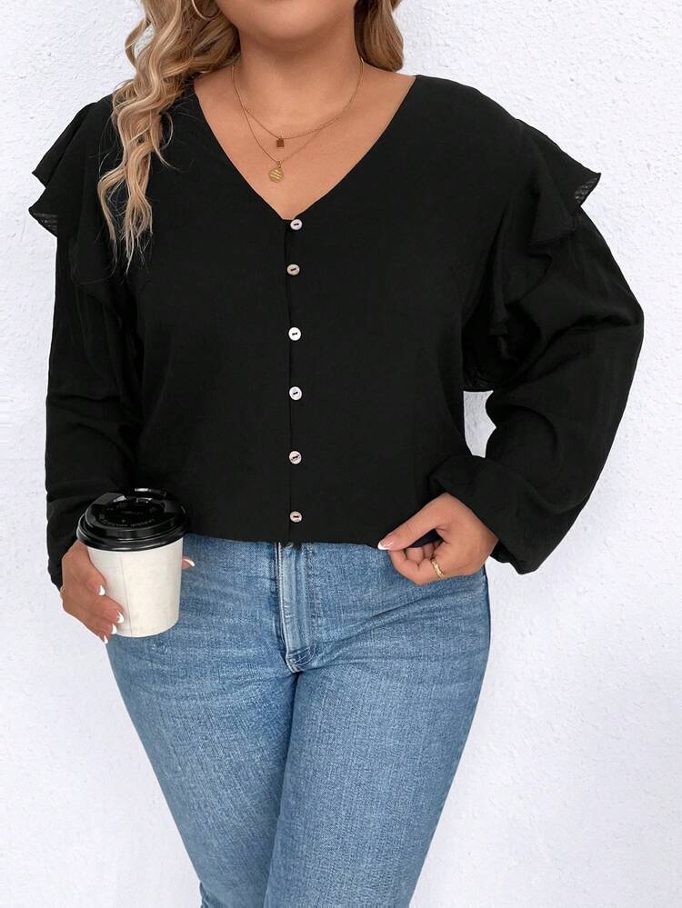 Plus Size Women's Lantern Sleeve Blouse With Ruffle Hem