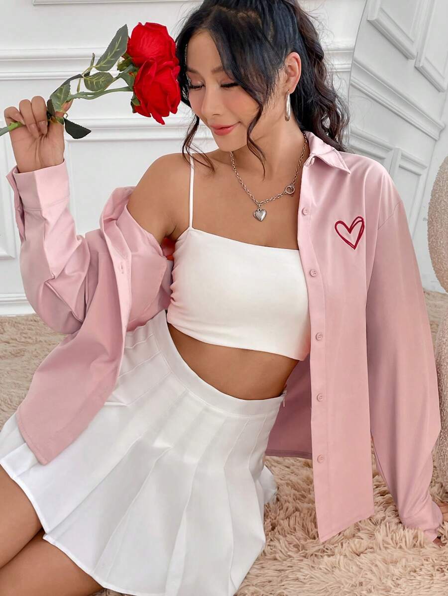 SHEIN Qutie 女款心形印花長袖襯衫 - 粉色 - 查看 1