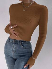 Chiquease Jersey de cuello alto de punto acanalado para otoño e invierno - Café integral - Ver 3