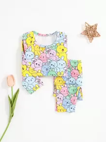 SHEIN 嬰兒女童可愛兔紋圓領長袖上衣和褲子睡衣套裝 - 彩色 - 查看 1