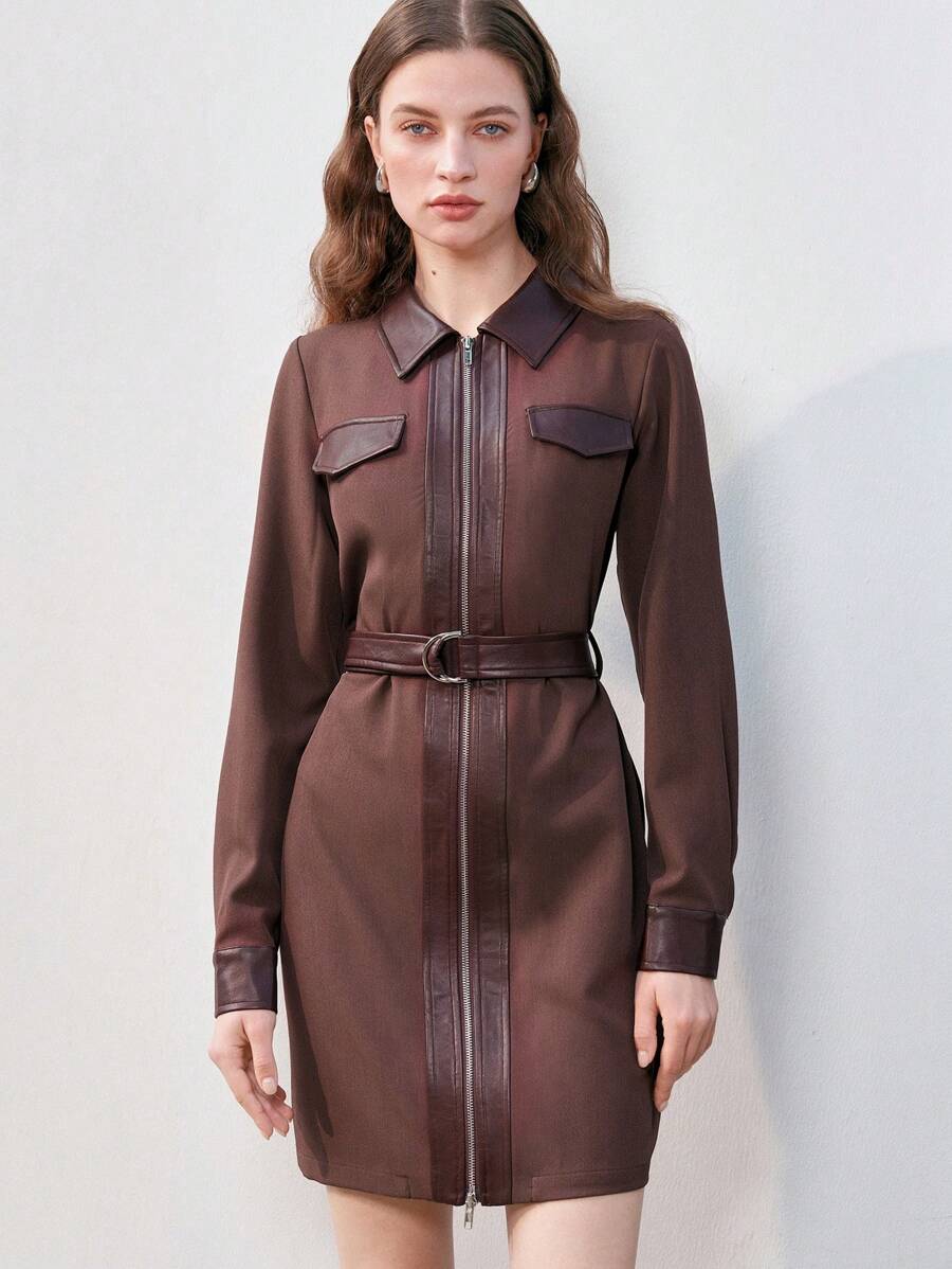 Anewsta Women's Pu Patchwork Zipper & Belt Decorated Dress - Chocolate Brown - View 1