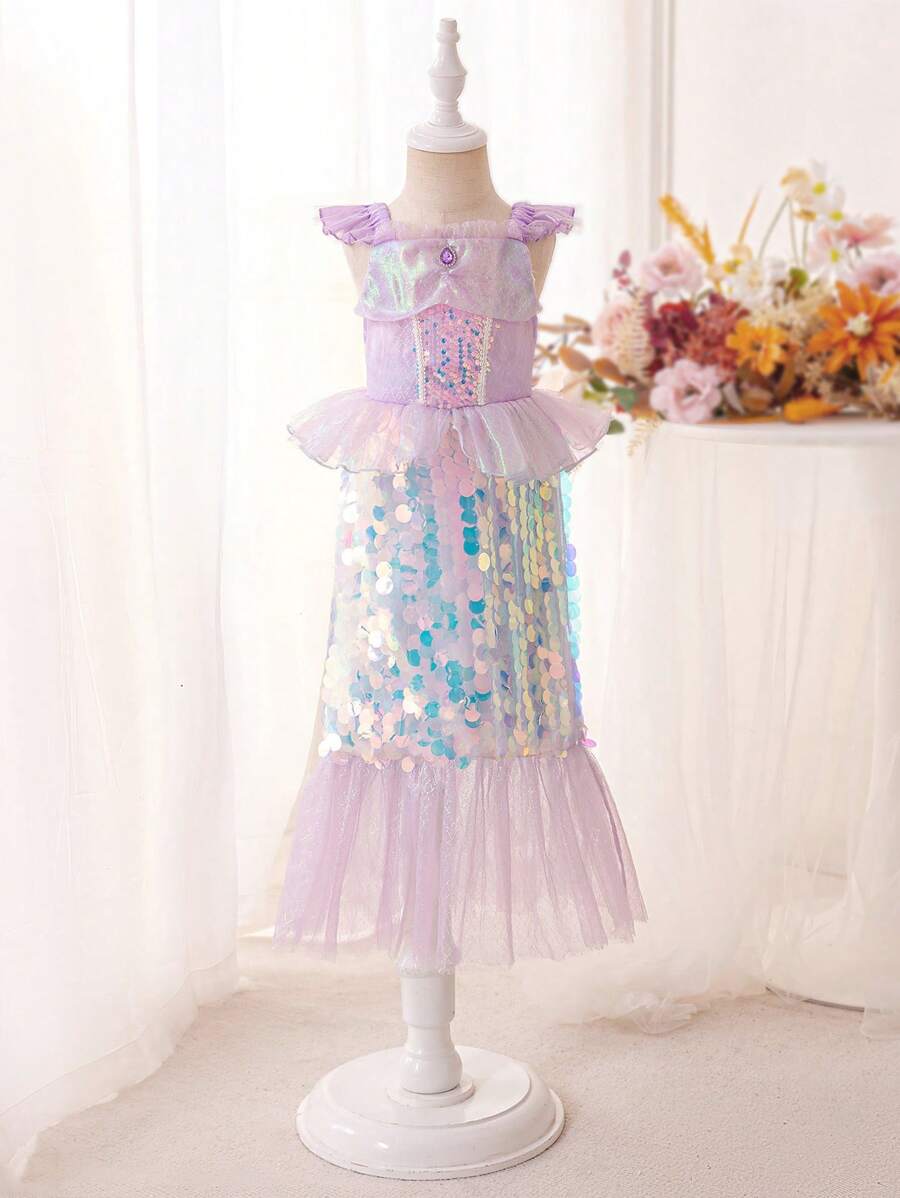 小女孩閃片網狀飄帶派對連衣裙 - 紫色 - 查看 1