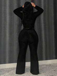 Slaydiva Slayr Plus 优雅休闲纯色天鹅绒拉链连帽衫和喇叭裤两件套，加大码 - 黑色 - 查看 2