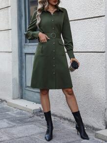 SHEIN LUNE Của phụ nữ Thắt lưng Váy sơ mi - xanh quân đội - Xem 5