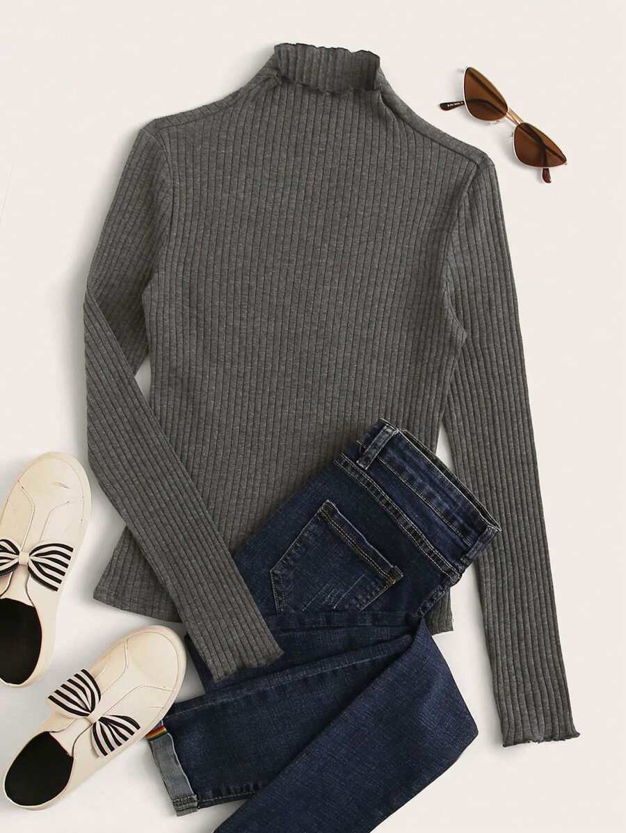 SHEIN EZwear Kích thước lớn Của phụ nữ Dệt kim gân sọc Textured Áo thun Với Rau diếp Hem - Màu xám đen - Xem 1