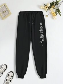 SHEIN LUNE 女款玫瑰印花抽繩袖口慢跑褲 - 黑色 - 查看 3
