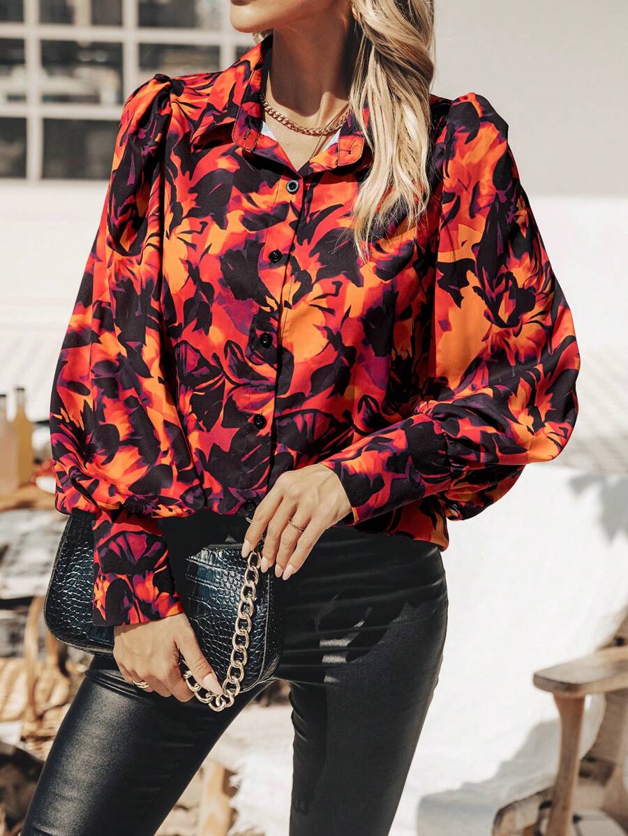 SHEIN Clasi 女裝植物印花燈籠袖襯衫 - 彩色 - 查看 1