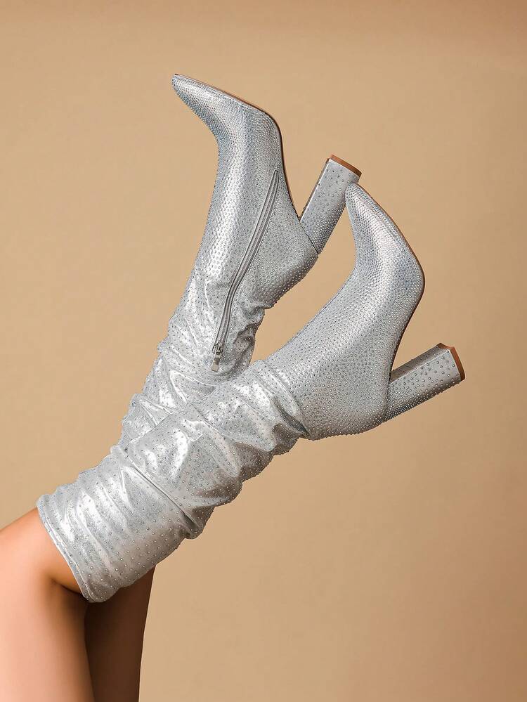 Women's Fashionable Rhinestone Studded High Heel Boots