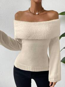 SHEIN Privé 露肩純色毛衣 - 杏色 - 查看 5