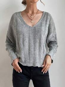 SHEIN LUNE 时尚V领长袖休闲针织套头衫秋冬毛衣 - 灰色 - 查看 6