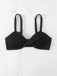 SHEIN Swim 纯色扭纹比基尼上衣 嘉年华 夏季 - 黑色 - 查看 1