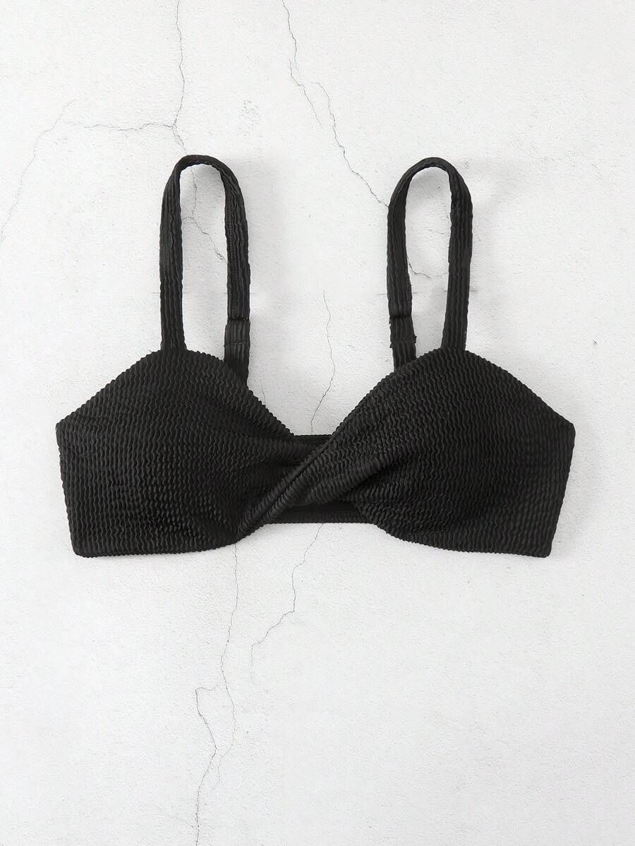 SHEIN Swim 纯色扭纹比基尼上衣 嘉年华 夏季 - 黑色 - 查看 1