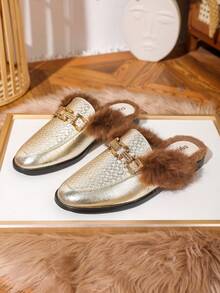 Autumn Flat Heel Slippers With Fur Trim, Half Slides With Metal Buckle - Gold - View 6