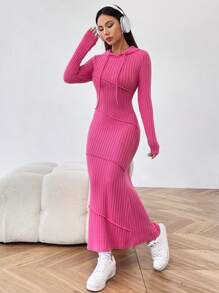 SHEIN EZwear 縫線細節純色連帽連身裙 - 玫紅色 - 查看 6