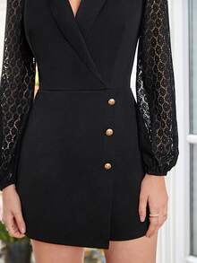 SHEIN Frenchy Elegant Single Coloured Lapel With Lace Patchwork Sleeves And Diagonal Placket Decorated With Gold Metal Buttons, Integrated Romper - Black - View 2