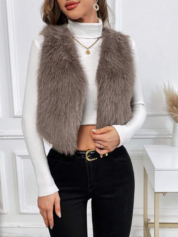 Firerie Women's Vest Coat With Open Front, Winter, Elegant, Brown, Faux Fur, Plush