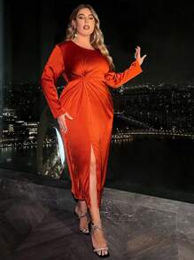 SHEIN Franclia Kích thước lớn Tay áo dài Xa ten Đầm Với Xoắn Chi tiết nút thắt - trái cam - Xem 4