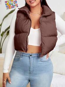 SHEIN EZwear Plus Size Women's Short -padded Vest - Chocolate Brown - View 4