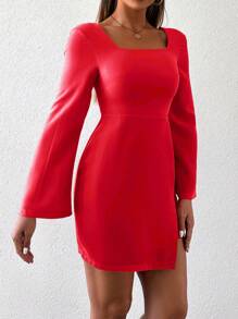 EURMUSE Square Neck Asymmetrical Hem Dress - Red - View 4