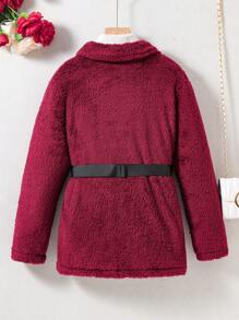 SHEIN Tween 女孩毛絨翻領長袖外套 - 酒紅色 - 查看 2