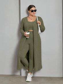 SHEIN Essnce Plus Size Women's Long Sleeve Hollow Out Cardigan Vest And Leggings Set - Army Green - View 1