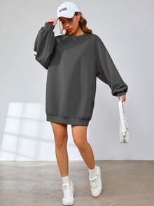 SHEIN EZwear 字母印花落肩衛衣連身裙 - 深灰色 - 查看 2