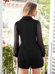 SHEIN Frenchy Elegant Single Coloured Lapel With Lace Patchwork Sleeves And Diagonal Placket Decorated With Gold Metal Buttons, Integrated Romper - Black - View 6