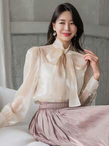 DAZY 1件女士商务休闲纯色缎带领衬衫，秋季长袖上衣外出上衣 - 香檳色 - 查看 8