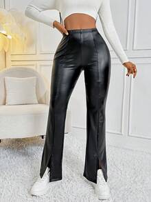 SHEIN Slayr 女士劈裂邊pu皮褲 - 黑色 - 查看 6