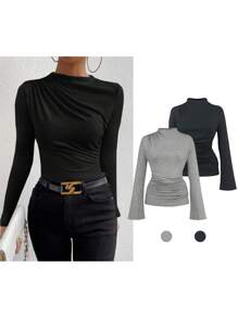 Allurite Camiseta De Manga Larga De Color Sólido Con Detalles Plisados