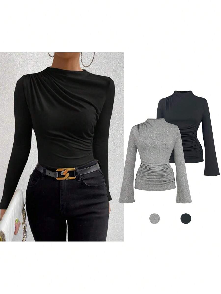 Zolique Solid Color Long Sleeve T-shirt With Pleated Detail - Multicolor - View 1
