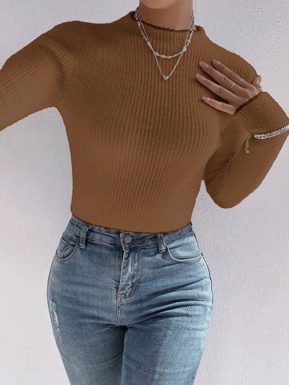Stand Collar Ribbed Knit Pullover Fall Winter Sweater