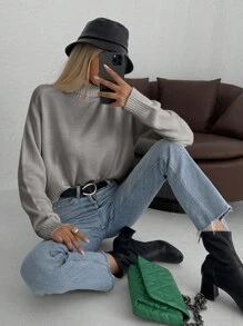 EURMUSE Solid High Neck Sweater - Apricot - View 4