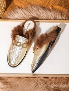 Autumn Flat Heel Slippers With Fur Trim, Half Slides With Metal Buckle - Gold - View 8