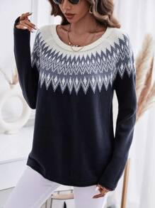 SHEIN LUNE Geo Pattern Sweater Knit Pullover Fall Winter Outfit - Multicolor - View 7