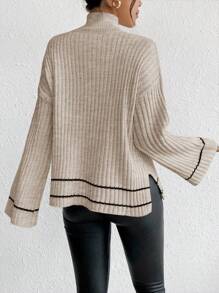 SHEIN LUNE Women's Colorblock High Neck Pullover Sweater With Side Slit, Casual & Versatile, Autumn/Winter Knit Pullover Fall - Khaki - View 2