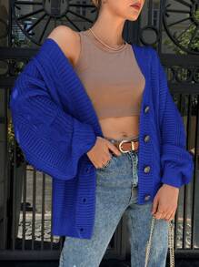 RueChic Xoắn Dan Nút Lên Áo len Mở - Xanh đậm - Xem 1