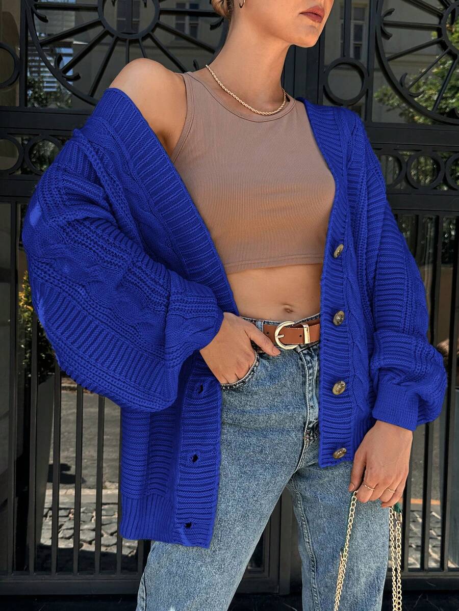 RueChic Xoắn Dan Nút Lên Áo len Mở - Xanh đậm - Xem 1