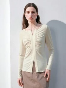 Anewsta Notched-neck Long Sleeve T-shirt