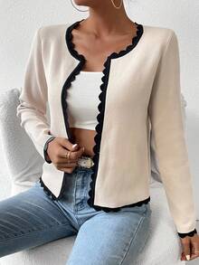 SHEIN LUNE Thời gian rảnh rỗi Của phụ nữ Curvy Cạnh Tay áo dài Áo len Mở - Đen và trắng - Xem 4