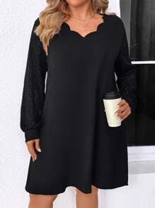 SHEIN LUNE Plus Size Lace Lantern Sleeve Dress With Scallop Hem Detail - Black - View 5